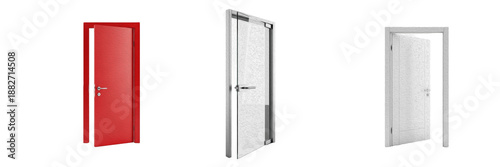 Collection of modern interior doors including minimalist red door, contemporary glass office door and classic white wooden door isolated on white background.