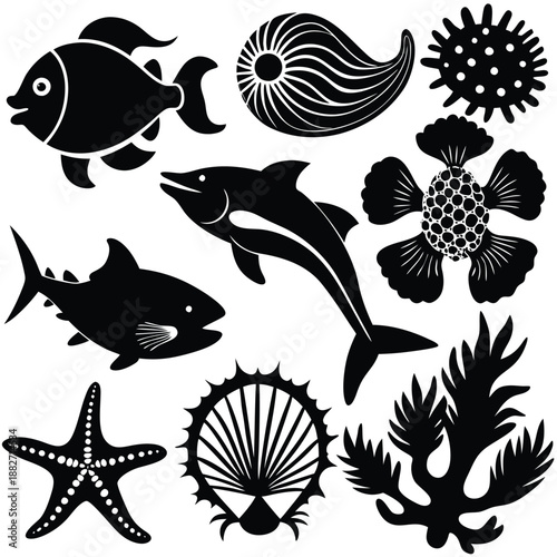 Marine Life Silhouettes: Ocean Animals, Shells, and Coral Vector Icons Set
