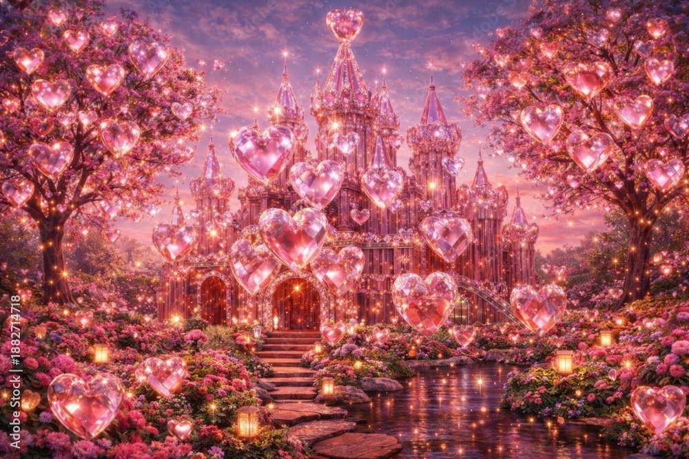 Obraz premium Magical Garden with Crystal Heart Trees Surrounding a Crystal Heart Castle