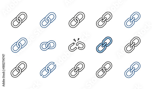 Modern thin line link icon set in black white and blue flat vector isolated on transparent background