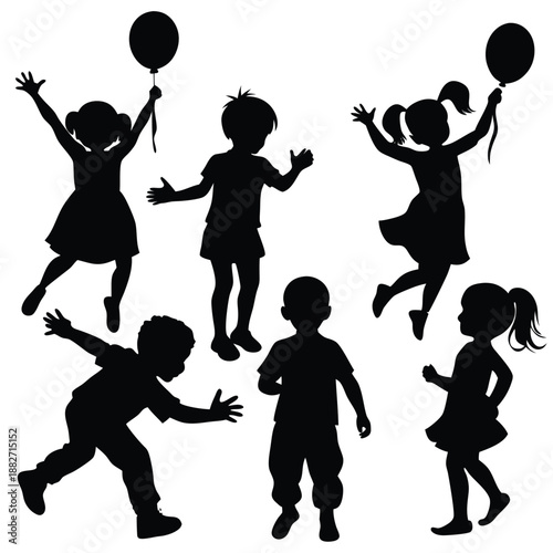 Childhood Silhouette: Silhouettes of playful children revel in pure joy and freedom, floating with balloons. Capturing the innocence and energy of youth.
