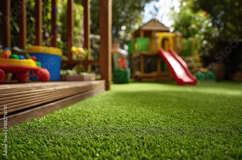 Outdoor playground scene featuring green turf and wooden structure