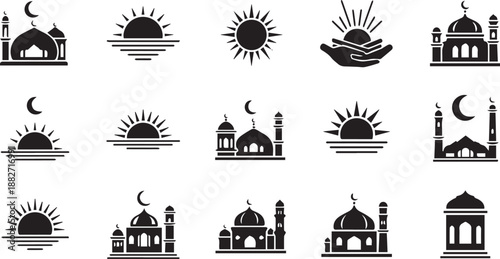 Islamic Ramadan Timing Icon Set Illustrating Mosque Silhouettes, Sunrises for Suhoor, and Crescent Moon Prayer Symbols
