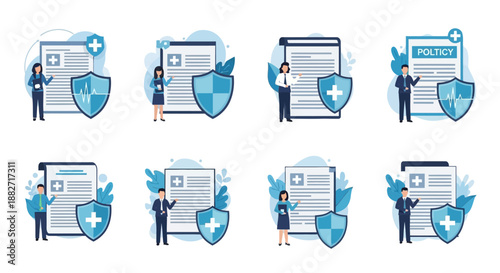 Vector illustrations of healthcare professionals with shields and medical documents in a blue color scheme, conveying a sense of health and protection.