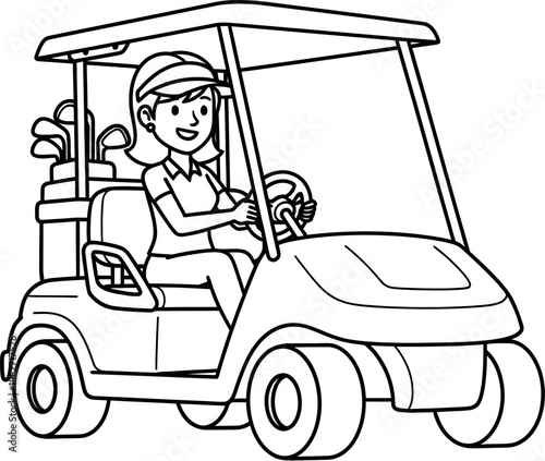 A black and white outline drawing of a smiling woman driving a golf cart with golf clubs in the back, ready for a game.