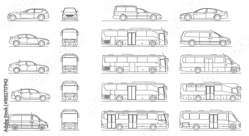 Urban Transport CAD Vector – Car, Bus, Minibus Line Drawings