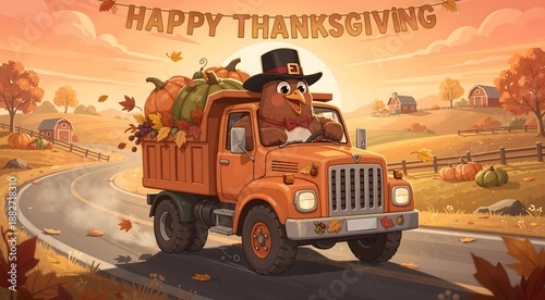 Festive Turkey Driving Harvest Truck for Thanksgiving