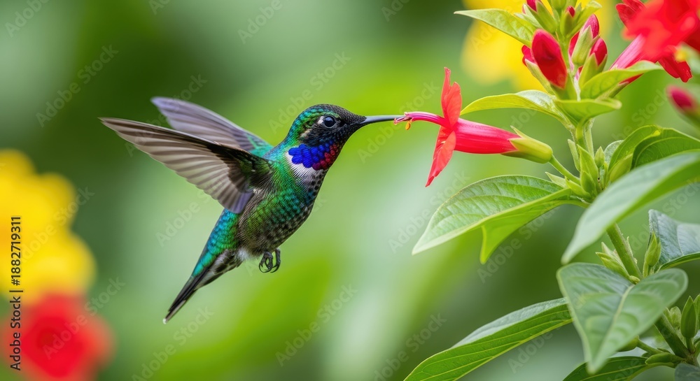 Fototapeta premium A vibrant hummingbird feeds on a red flower in a lush, green garden.