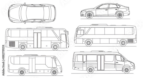 Urban Transport CAD Vector – Car, Bus, Minibus Line Drawings