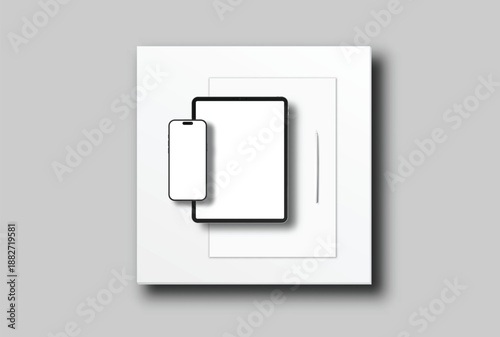 Minimal device mockup featuring tablet, smartphone, paper sheet, and stylus on light gray background. Clean flat lay with blank screens and copy space, ideal for branding or print templates.