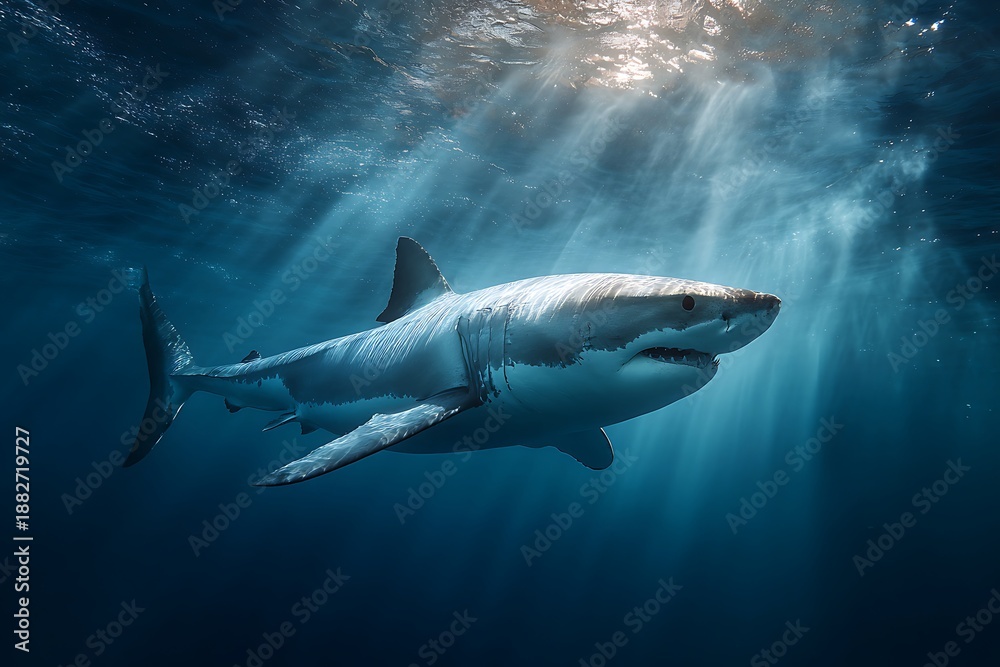 Fototapeta premium A fierce shark moving silently in deep blue water, its sleek body reflecting light beams from above 