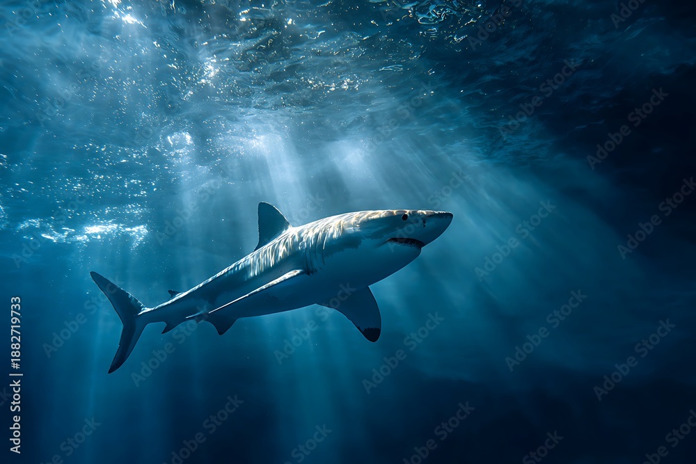 Fototapeta premium A fierce shark moving silently in deep blue water, its sleek body reflecting light beams from above