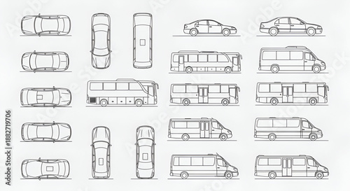 Transport CAD Drawing – Car, Bus, Minibus Vector Outlines