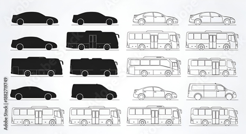 Car, Bus, and Minibus CAD Vector – Top and Side View Silhouettes