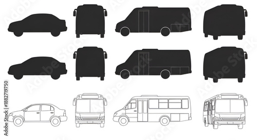 Car, Bus, and Minibus CAD Vector – Top and Side View Silhouettes