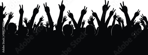 Cheering crowd silhouette with raised hands celebrating concert festival protest unity freedom and victory isolated on white background