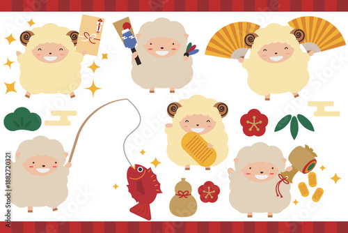 正月の縁起物とかわいい干支の羊の色々なイラストセット素材