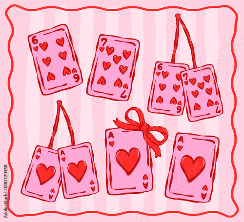 Whimsical Valentine playing card Cherries with heart symbols 6, 7 and Ace of Heart Coquette hand drawn in bold playful retro line art
