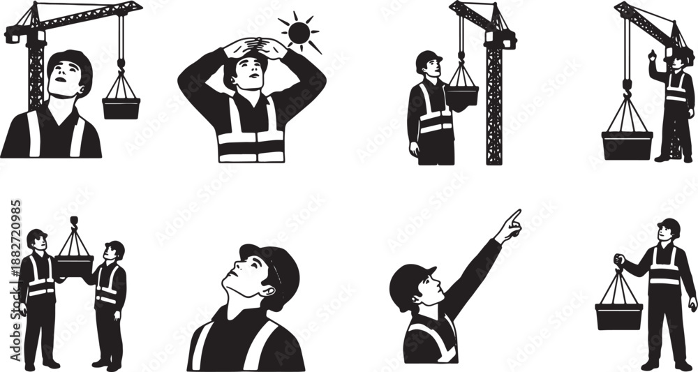 Obraz premium 6 Black Solid Workers Observing Crane Lifts Silhouettes Set on White Background