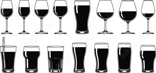 Black drink glass silhouette collection featuring wine beer and cocktail glasses, bar drinkware icons isolated on white background