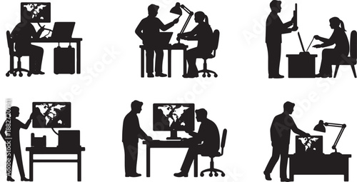 6 Black Solid Conference Call Setup Silhouettes Set on White Background