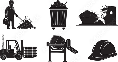 6 Black Solid Construction Waste Silhouettes Set on White Background