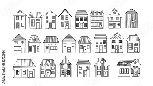 Collection of hand-drawn cute black and white house outline illustrations