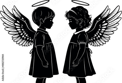 Angel children silhouette illustration with detailed wings and halos, boy and girl facing each other, spiritual innocence isolated white background