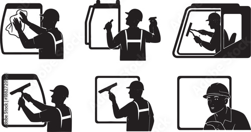 5 Black Solid Crane Cab Cleaning Silhouettes Set on White Background