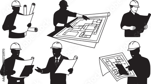 5 Black Solid Crane Blueprint Review Silhouettes Set on White Background