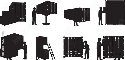6 Black Solid Container Inspection Worker Silhouettes Set on White Background