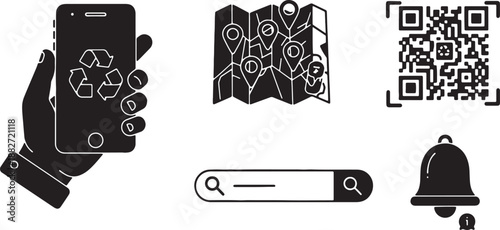 5 Black Solid Digital Recycling Tools Silhouettes Set on White Background