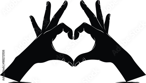 Black hand silhouettes forming heart shape gesture symbolizing love, care and emotional connection, minimalist romantic illustration isolated on white background