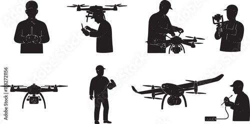 6 Black Solid Drone Engineering Silhouettes Set on White Background