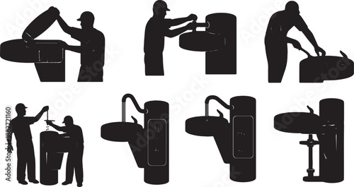 6 Black Solid Drinking Fountain Repair Silhouettes Set on White Background