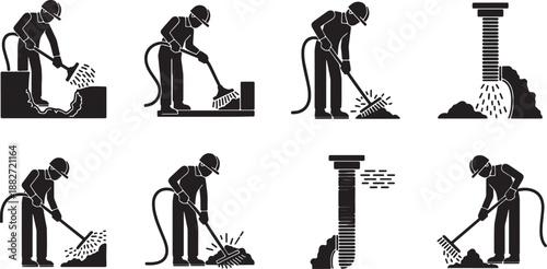 6 Black Solid Drain Cleaning Silhouettes Set on White Background
