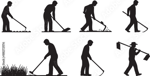 6 Black Solid Dutch Hoe Silhouettes Set on White Background