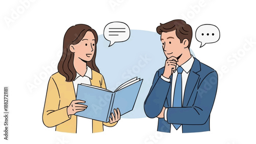 Illustration of two business people discussing ideas while looking at a document