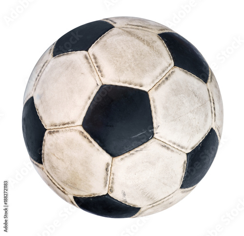 Old Soccer ball. Classic black and white football with wear and tear from play isolated on transparent background or png file.