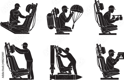 6 Black Solid Ejection Seat Mechanic Silhouettes Set on White Background
