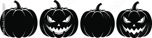 Black pumpkin silhouette collection with spooky carved jack o lantern faces, Halloween decoration icons isolated on white background vector set