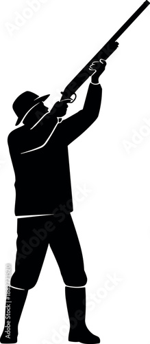 Hunter shooting shotgun silhouette, outdoor hunting sportsman aiming upward, isolated black vector illustration on white background for stock photography design