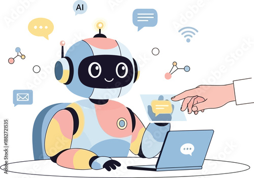 Friendly AI robot engaging with human using digital devices in a modern technology environment