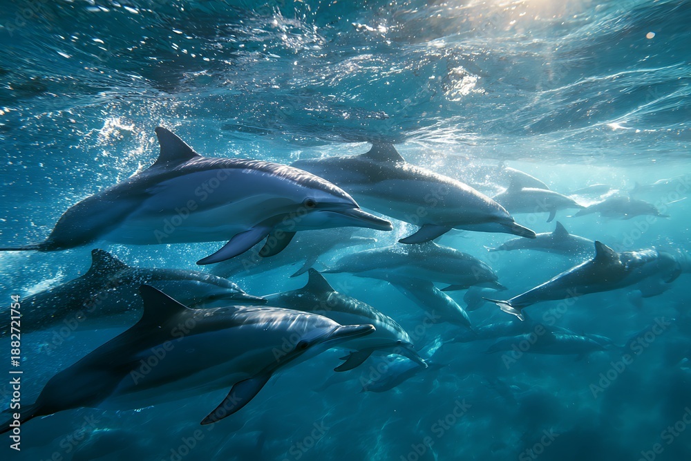 Fototapeta premium A pod of playful dolphins circling together beneath the ocean surface in harmony