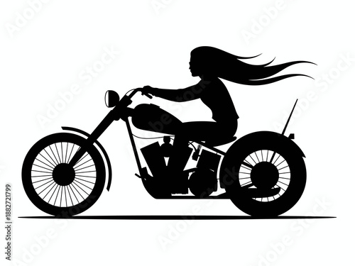 Silhouette of woman riding vintage motorcycle chopper with long hair blowing in the wind on open road adventure stylish lifestyle freedom transportation travel and recreation concept for fashion blog