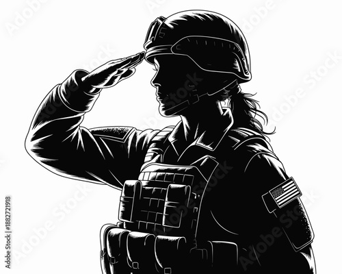 Female soldier saluting in black and white illustration wearing military uniform and helmet with american flag patch expressing patriotism and respect for veterans in armed forces for memorial day gra