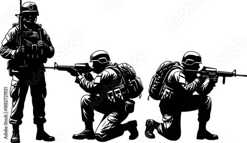 Silhouette of armed military soldiers in tactical formation, black and white illustration representing modern warfare, security operations, defense, combat readiness