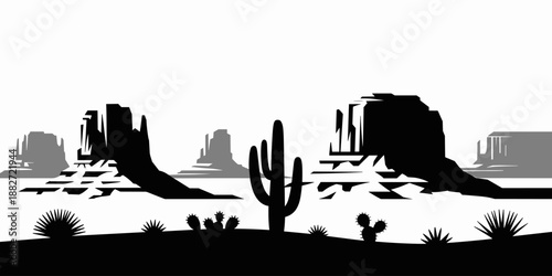 Monochrome desert landscape with cactus silhouette illustration of southwestern nature scenery and arid climate in a minimalist vector graphic for travel and tourism promotions and environmental aware