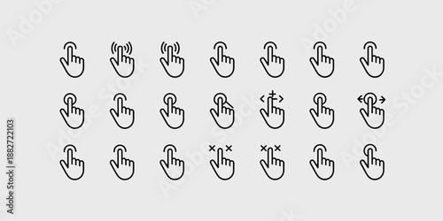 Hand touch gestures icon collection vector set of finger tapping clicking swiping pointing pinching actions for user interface mobile app website design and interactive technology simple line symbols