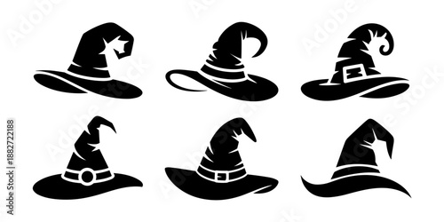 Collection of whimsical witch hats vector illustration set for Halloween celebration creative holiday costume design elements traditional spooky party decoration magical witchcraft fantasy theme black